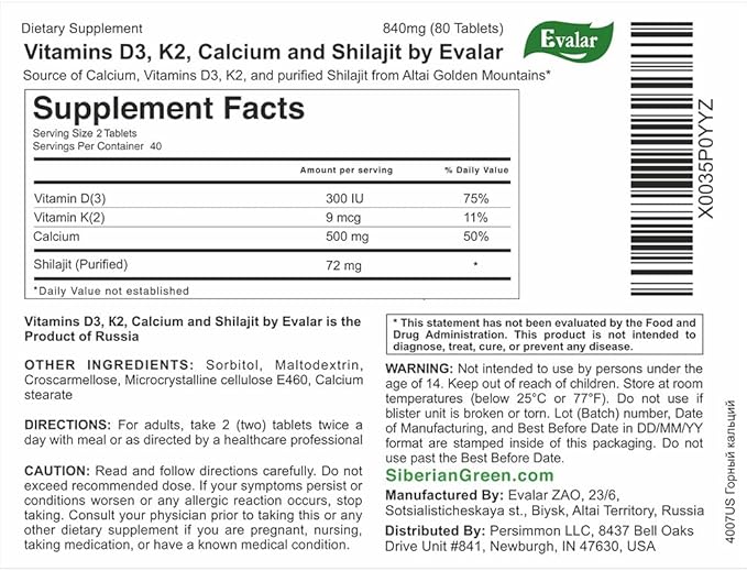 Evalar Mountain Calcium with Vitamins Siberian Herbs and Shilajit Golden 80 Tabs