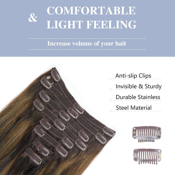 Pobokix Straight Clip In Hair Extensions Real Human Hair 8Pcs Clip In Balayage Dark Brown to Chestnut Brown Human Hair Extensions with 18Clips Lace Weft 120g 14inch