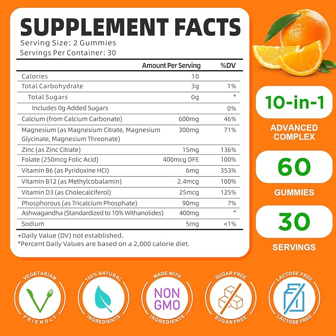 Calcium Magnesium Zinc Supplement with Vitamin D3, Sugar Free Calcium Gummies for Women Men, High Potency Magnesium Gummies for Bone & Muscle & Immune Health, Orange Flavors - 60 Count