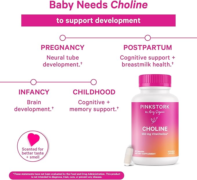 Pink Stork Choline - 550 mg Choline Bitartrate from VitaCholine for Pregnant + Postpartum Moms - Prenatal Vitamin for Fetal Cognitive Health + Breast Milk Quality - 1 Capsule Daily, 30 Count