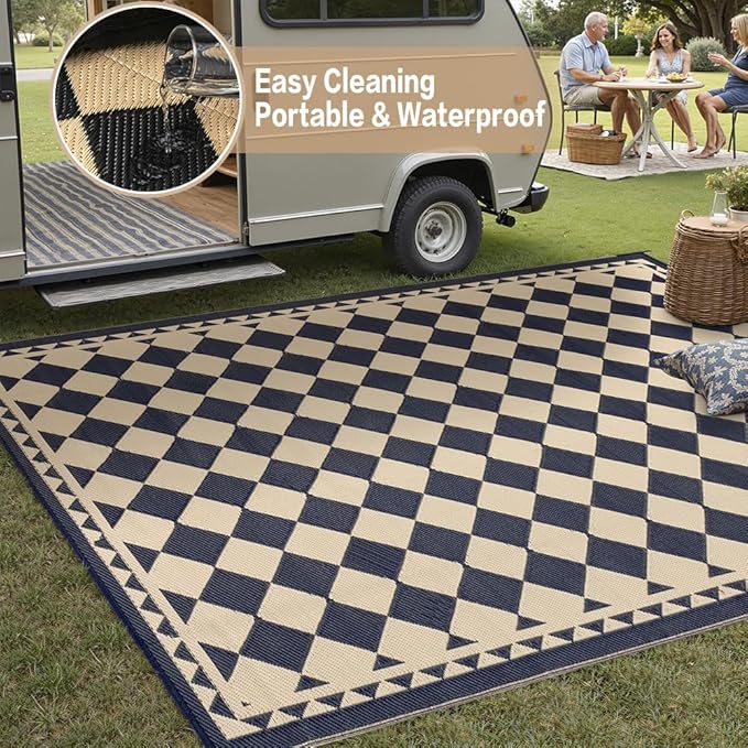 Outdoor Rug for Patios Clearance,Waterproof Mat,Large Outside Carpet,Reversible Plastic Straw Camping Rugs,Rv,Porch,Deck,Camper,Balcony,Backyard (6x9,Checkered/Black&Beige)