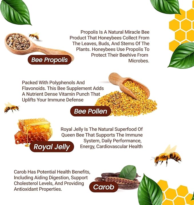 Bee Pollen Propolis Royal Jelly Extract with Carob, Pure Immune Support Supplement, Gluten-Free, Vegetarian Capsules, 1000 mg