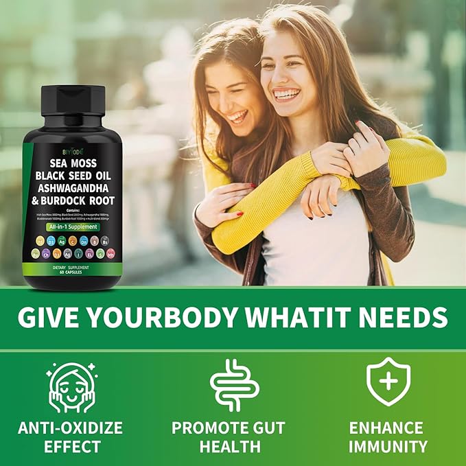 Sea Moss Capsules: Sea Moss Black Seed Ashwagandha Bladderwrack Burdock Root Multi-Blend Vitamin D3 C Vitamin 60 Capsules 30 Day Supply