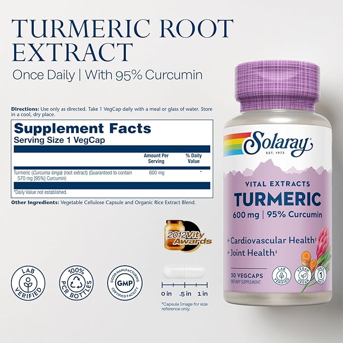 SOLARAY Turmeric Root Extract 570 mg - Turmeric Curcumin Capsules - with 95% Curcumin - Heart Health and Joint Health Support - Lab Verified, 60-Day Guarantee - 60 Servings, 60 VegCaps (30 CT)