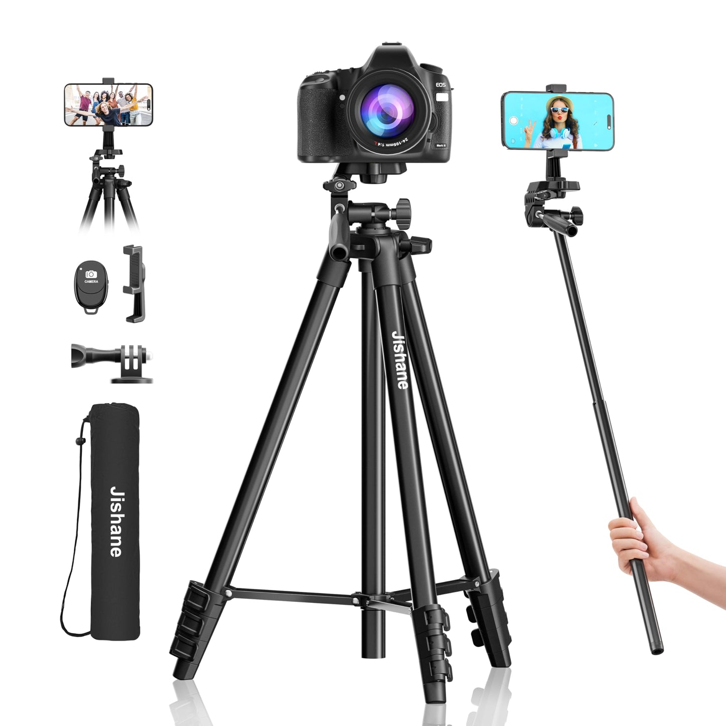 Jishane 71" Camera Tripod Phone Tripod with Wireless Remote Phone Holder and Carry Bag, Aluminum Lightweight Camera Tripod Stand Compatible with Smartphone Cameras, Max Load 6.6 lbs