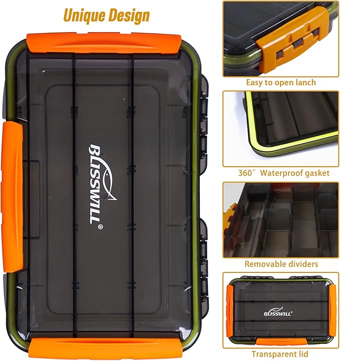BLISSWILL Fishing Tackle Storage Trays,Fishing Tackle Box,Storage Organizer Box,3600/3700 Tackle Trays with Removable Dividers,Tea-Colored Transparent Waterproof Fishing Tackle Storage