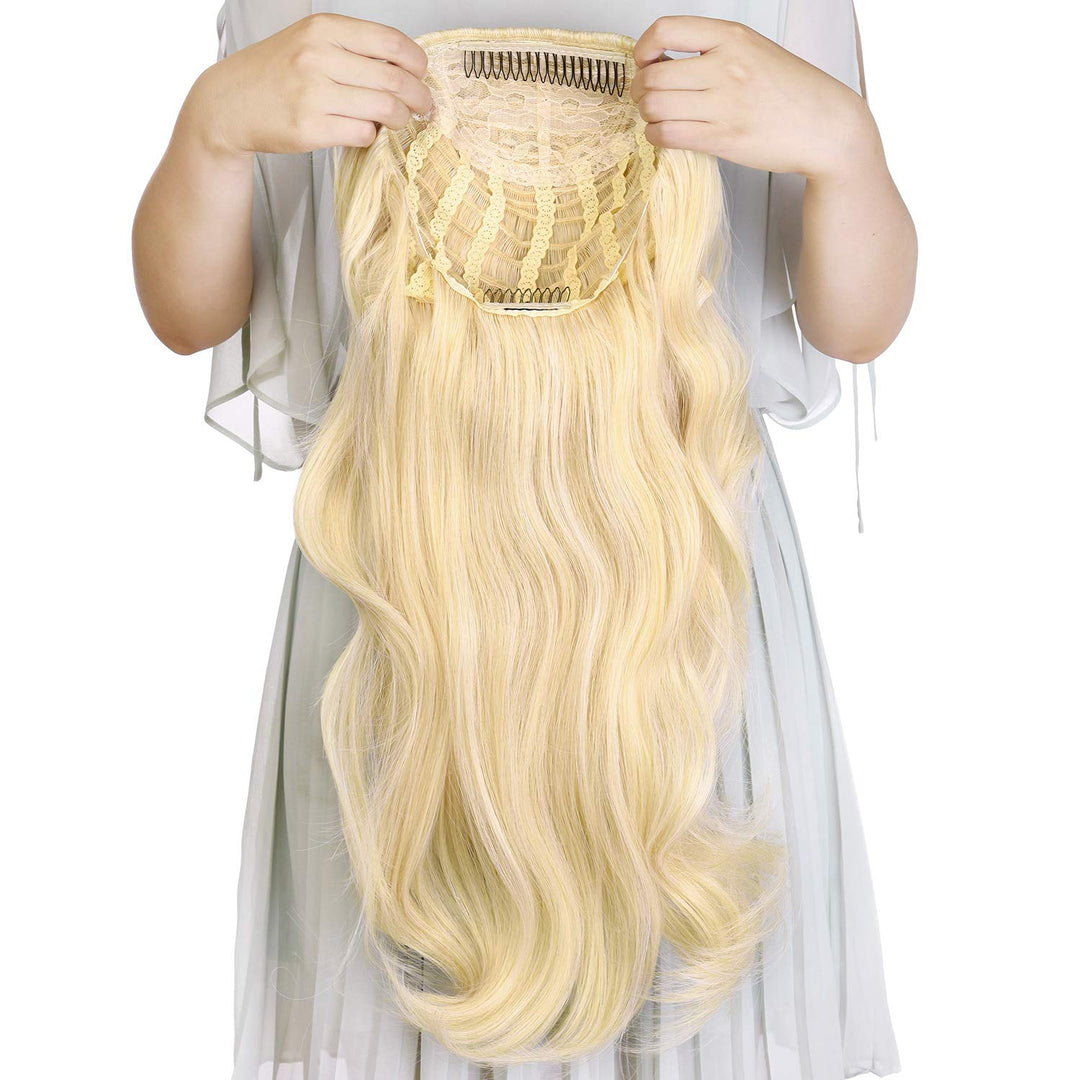 24'' Long Wavy Clip In Half Head Tied Wig Blonde Premium Japanese Synthetic Kanekalon Fibers Hair Extensions For Women 210G 8#