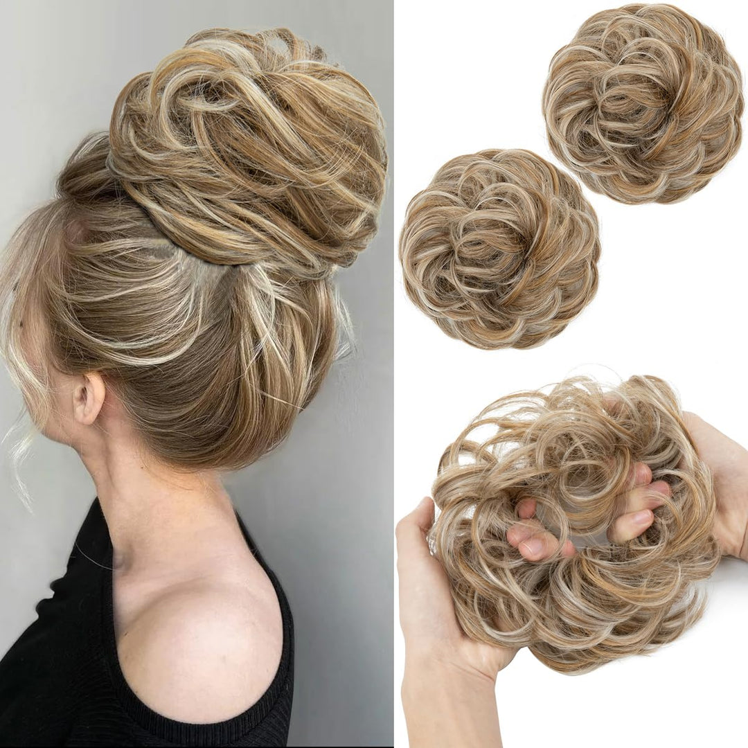 SARLA 2PCS Messy Hair Bun Hair Pieces Wavy Curly Synthetic Updo Fake Scrunchies Ponytail Extension for Women Golden Blonde