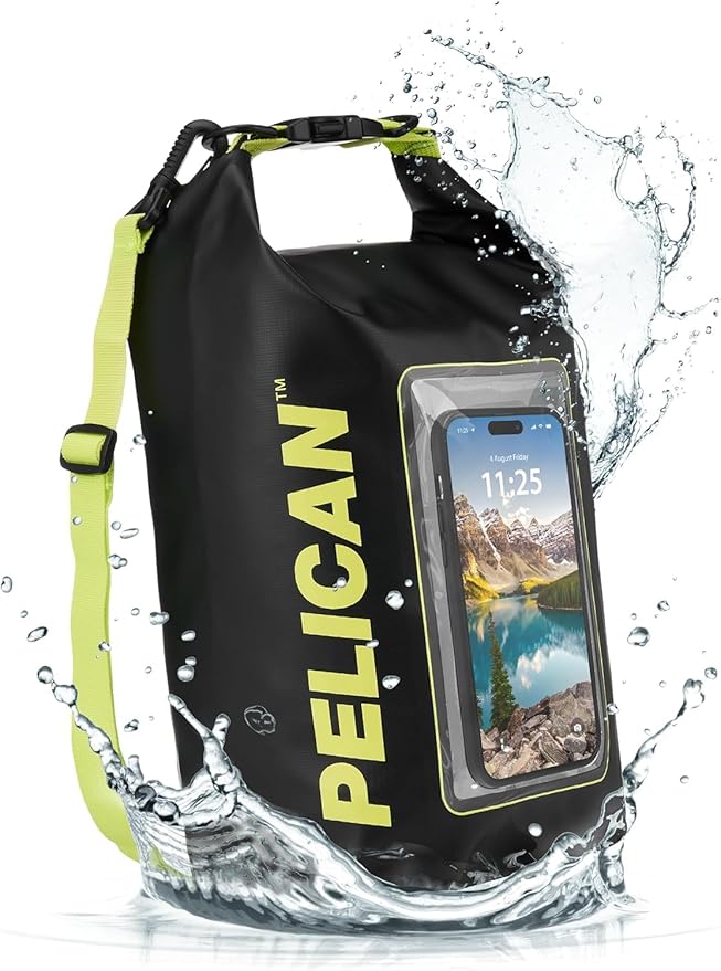 Pelican Marine IP68 Waterproof Dry Bag 5L - Roll Top Waterproof Backpack w/Phone Case/Pouch - Boating & Kayak Accessories - Essentials for Camping Swimming Beach Fishing Rafting Travel - Black/Yellow