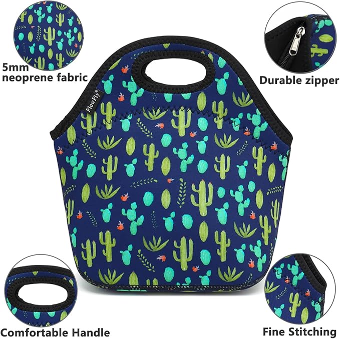 FlowFly Neoprene Lunch Tote Insulated Thermal Reusable Lunch Bag Box for Boys Men with Zipper (Cactus)