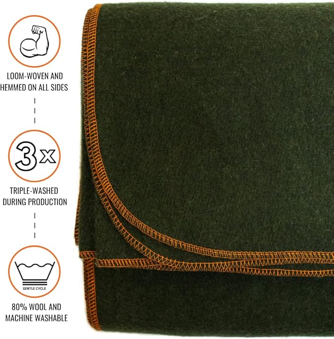 Arcturus Military Wool Blanket - Warm, Thick, Washable - Great for Outdoors, Camping, Stadium Blanket, Picnics, Travel - Car & Bushcraft Survival Kits, Large 64in x 88in 4.5 lb