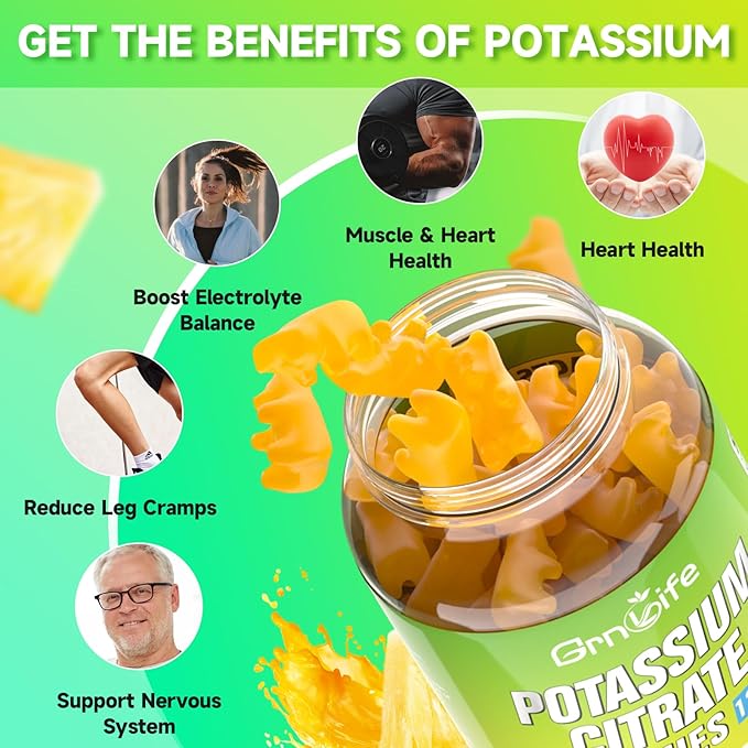 Potassium Citrate Gummies, High Potassium Supplement Gummies 1200mg Support Leg Cramps & Muscle Health, Potassium Gummies for Adults & Kids, Vegan, Pineapple Flavor 60 Count