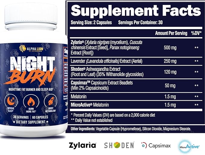 ALPHA LION Night Burn, Metabolism Booster for Weight Loss, Less Body Fat, More Muscle, Promotes Lean Body, Calorie Burning Supplement, Relax Better, Promote Healthy Cortisol (60 Capsules)