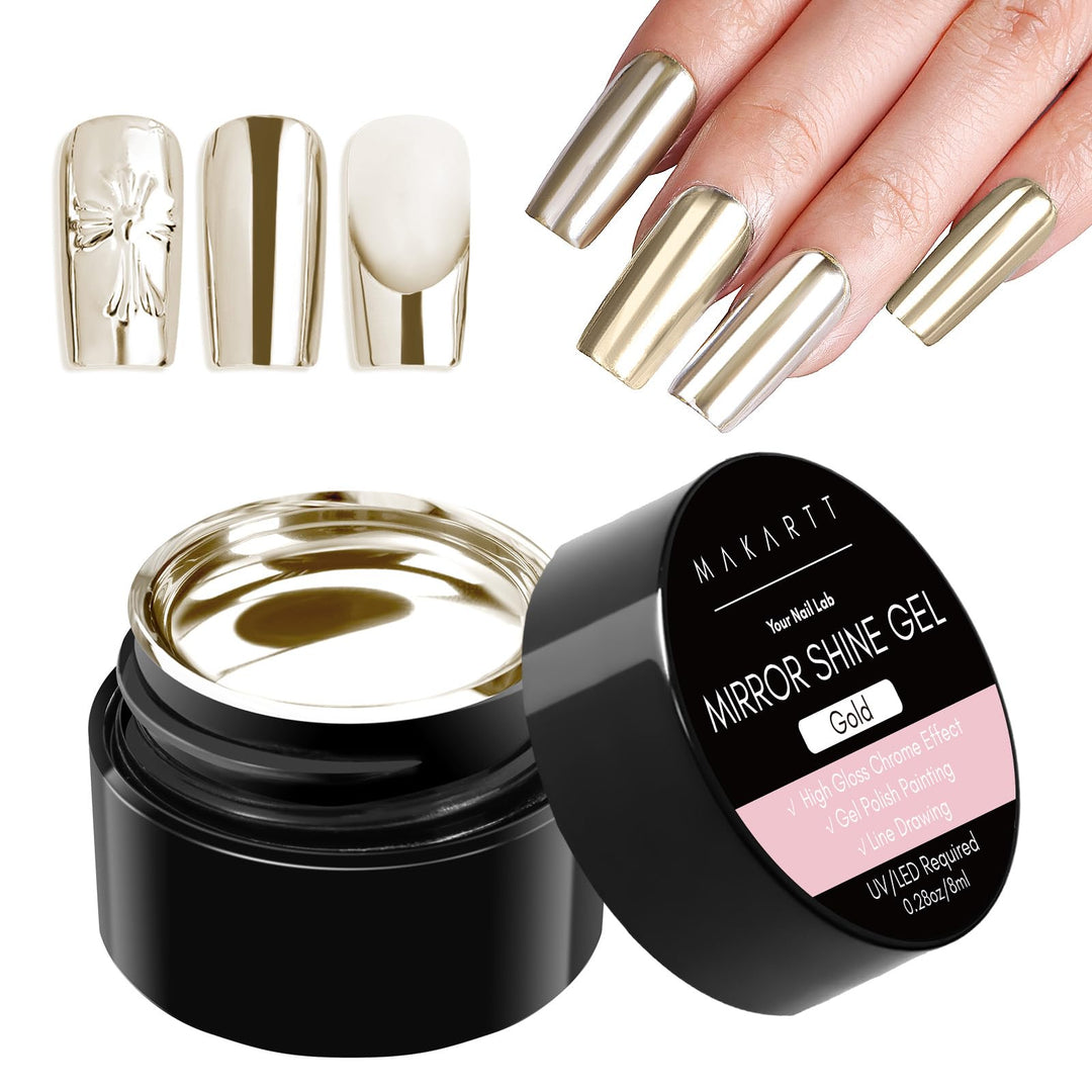 Makartt Chrome Gel Nail Polish: 8ml Metallic Gel Nail Polish, Gold 3D Metal Painting Gel for Nail Art Soak off UV/LED Glossy Mirror Effect Nail Glue Gel for Home Salon DIY Manicure