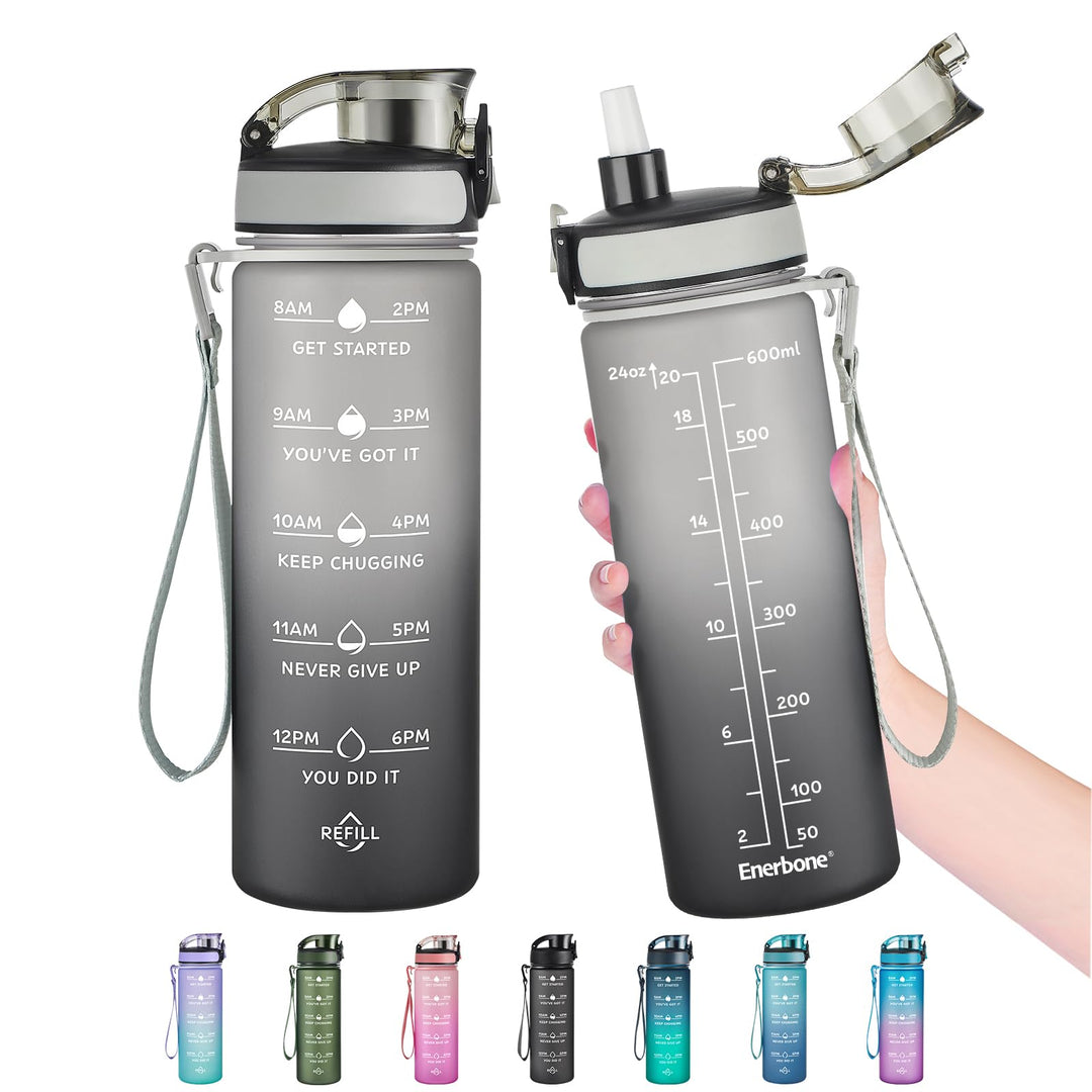 Enerbone 24 oz Water Bottle, Leakproof BPA & Toxic Free, Motivational Water Bottle with Times to Drink and Straw, Fitness Sports Water Bottle with Strap for Office, Gym, Outdoor Sports