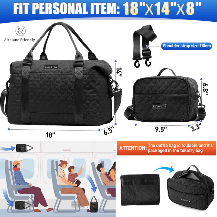 FIORETTO Women's Water-Resistant Travel Gym Duffle Bag with Detachable Strap, Multi-Functional, Ideal for Travel, Gym, Sports, Weekender, DUffel, with Toiletry Bag, Black