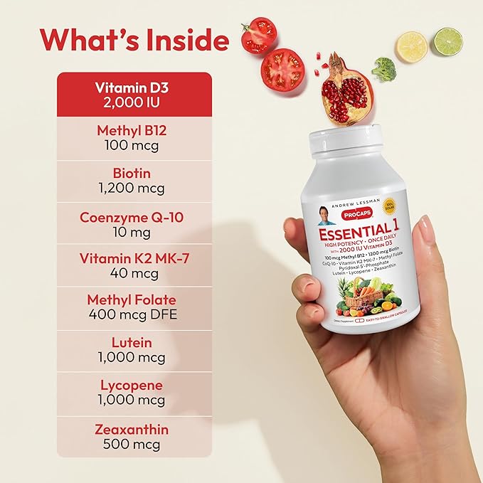 ANDREW LESSMAN Essential-1 Multivitamin 2000 IU Vitamin D3 360 Small Capsules - 100 mcg Methyl B12. CoQ10 Lutein Lycopene Zeaxanthin. High Potency. No Additives. Ultra-Mild. One Daily Capsule