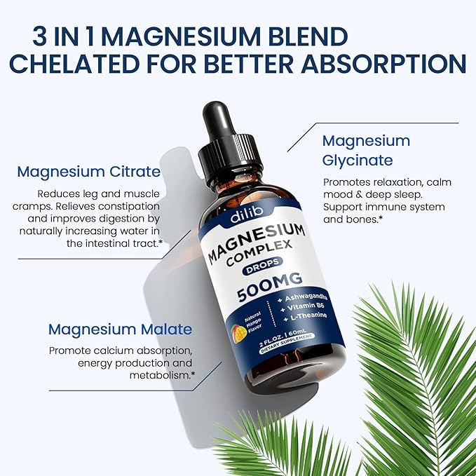 Magnesium Glycinate Liquid Drops 500mg - Triple Magnesium Complex Supplement with Citrate, Malate, Ashwagandha, L-Theanine, Vitamin B6 for Sleep, Mood, Stress Relief, Muscle, Mango Flavor 2 Fl Oz