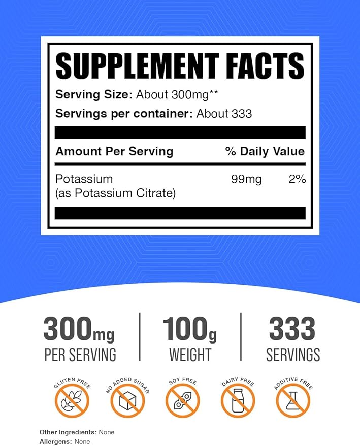 BulkSupplements.com Potassium Citrate Powder - Potassium Citrate Supplement, Potassium Powder, Potassium 99mg - Gluten Free, 300mg per Serving, 100g (3.5 oz) (Pack of 1)