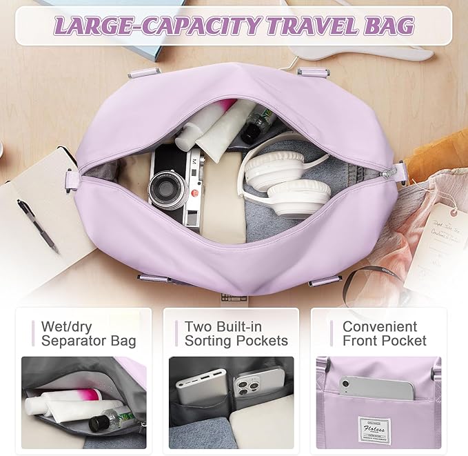 Light Purple Sports Duffel Bags for Women Weekender Travel Totes Bag for Airplane, Cute Sports Gym Dance Bag Overnight Luggage Bag with Wet Pocket, Carry On Hospital Bag for Labor and Delivery