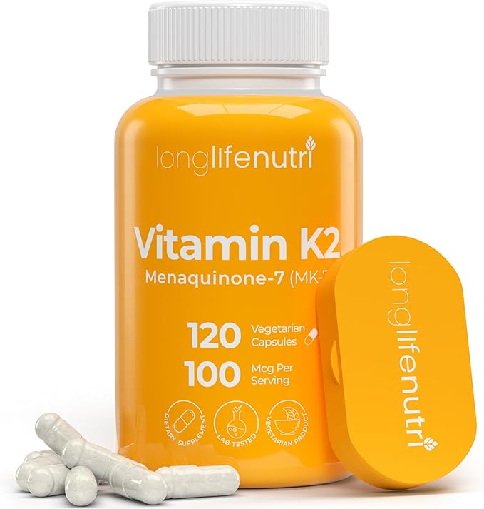 Vitamin K2 MK-7 100mcg – Nutrient Support for Bones and Circulation, 120 Vegetarian Capsules, 4-Month Supply, Lab Tested, Made in The USA, Non-GMO