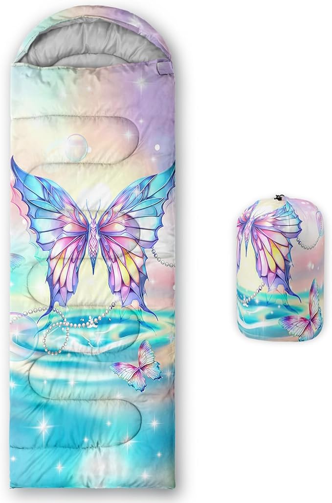 AILONEN Kids Floral Cat Camping Sleeping Bags,Lightweight & Waterproof,3 Season Warm & Cool Weather,Kawaii Kitten Sleeping Bags for Girls Adults,Travelling,Outdoors