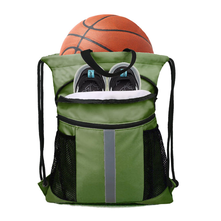 BeeGreen Pure Moss Green Drawstring Backpack Bag with Shoe Compartment X-Large Gym Sports String Cinch Sackpack with Front Inside Zipper Pockets 75D