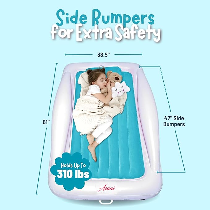 Asani Inflatable Toddler Travel Bed, Electric Pump, Leakproof Air Mattress, Bumpers, Carry Case, Pillow - Fits Kids Up to 4ft - Blue | Portable, Foldable, Ideal for Camping & Sleepovers