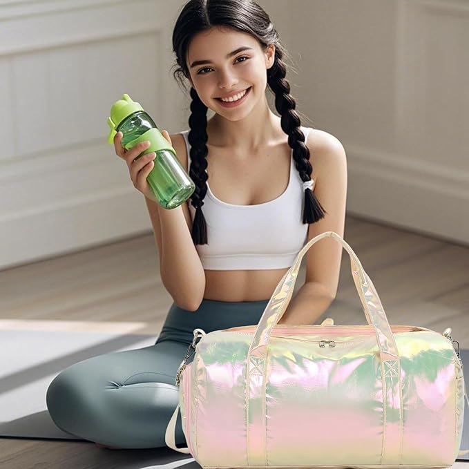 Gym Sports Duffle With Wet Pocket, Dance and Overnight Bag With Waterproof Shoe Pouch and Air Hole for Girls, Kids, Women - Travel Foldable