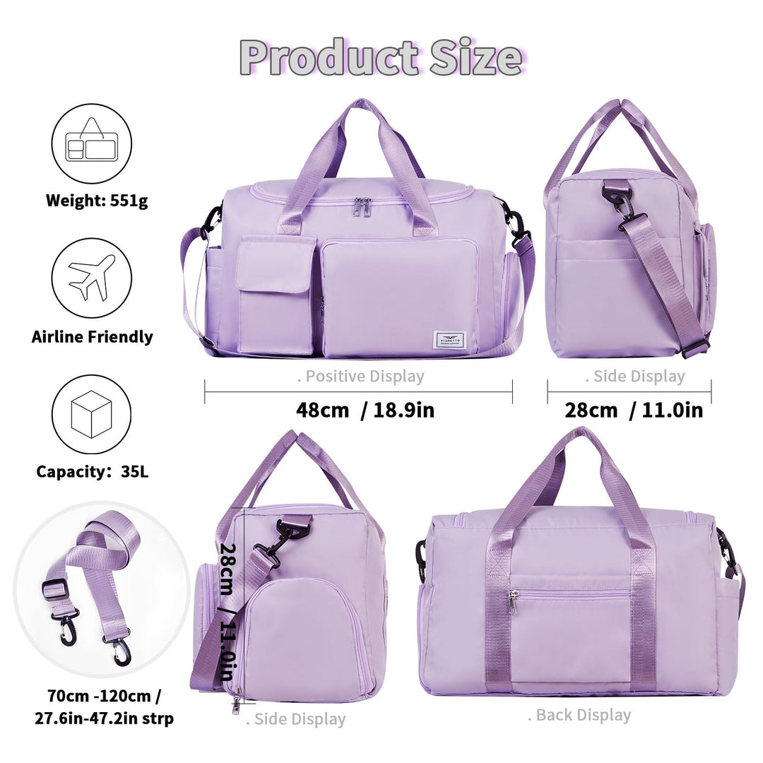 FIORETTO Women's Water-Resistant Gym Duffle Bag with Shoes Compartment, 37L Capacity, Multi-Functional, Ideal for Travel, Gym, Sports, Weekender, Light Purple