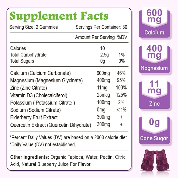 High Absorption Calcium Gummies, Calcium Magnesium Zinc with Magnesium Glycinate, Potassium, Vitamin D3 for Women & Men- Blueberry Flavored 60 Cts