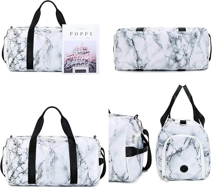 Sport Gym Duffle Travel Bag for Men Women Duffel with Shoe Compartment, Wet Pocket (Marble-White) 19.7"x9.5"x9.9"