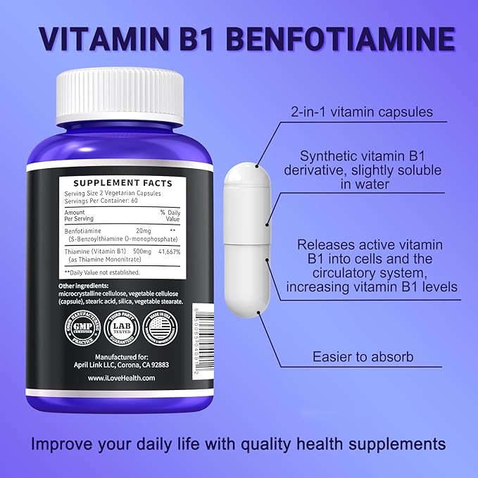 Vitamin B1 500mg with Benfotiamine 20mg, 120 Capsules – 2 in 1 B-1 Complex Enhanced Formula – Fat & Water Soluble Thiamine B1 Supplement – Third Party Lab Tested, Non-GMO, No Gluten