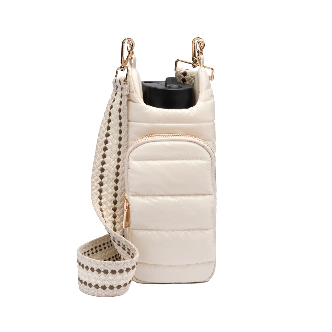 WanderFull Original Crossbody HydroBag | Quilted Water Bottle Carrier & Adjustable Strap | Puffer Tote with Two Pockets for Phone & Accessories | Carry Travel Essentials (Ivory Glossy/Patterned Strap)