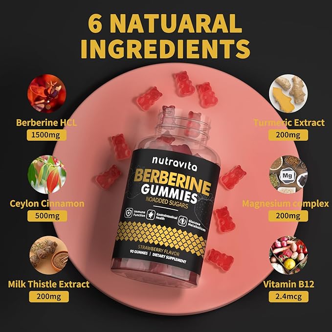 Berberine Gummies with Ceylon Cinnamon 1500mg High Potency Berberine HCL Supplement for Immune and Metabolism Support, Sugar Free Organic Berberine Gummies Strawberry Flavor-2PACK