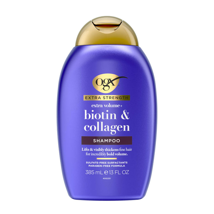 OGX Thick & Full + Biotin Collagen Extra Strength Volumizing Shampoo with Vitamin B7 Hydrolyzed Wheat Protein for Fine Hair. Sulfate-Free Surfactants Thicker, Fuller Hair, 13 Fl Oz