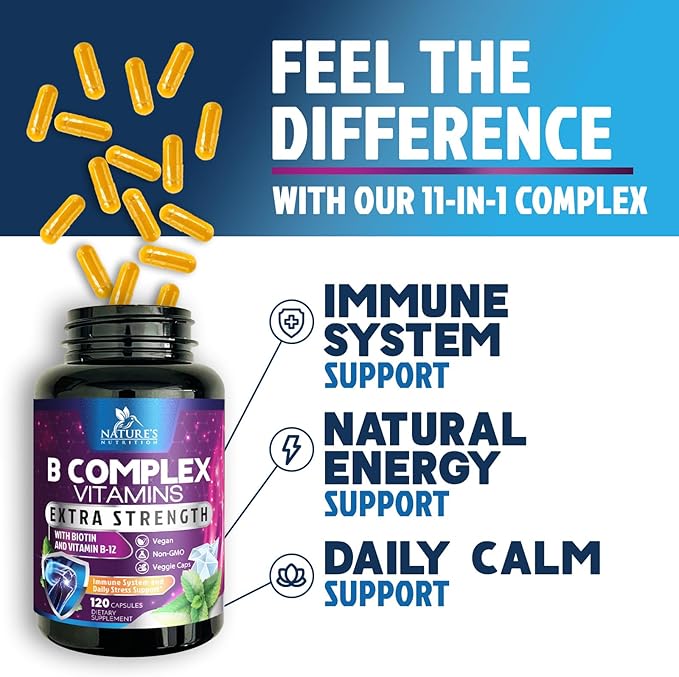 Vitamin B Complex Capsules with Vitamins B6 B12 B100 C Biotin Folate & Folic Acid - Supplement for Heart, Brain, & Nerve Support - Super Complete B-Complex for Immune & Energy Support - 120 Capsules