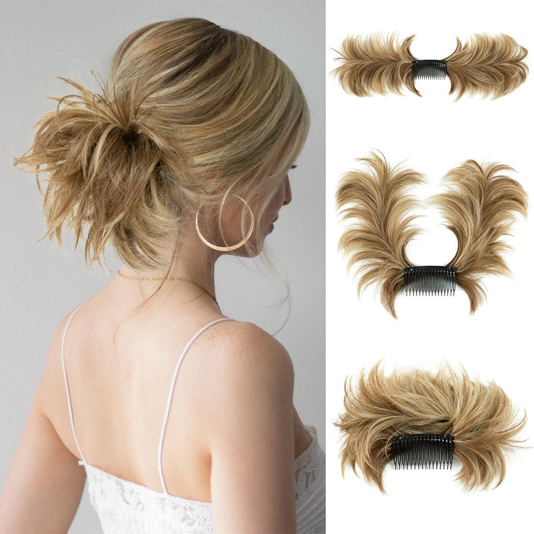 youngways Messy Bun Hair Piece Side Comb Clip in Hair Bun Hairpiece for Women Short Natural Straight Versatile Adjustable Styles Easy Hair pieces (Brunette/Ash Blonde-S)