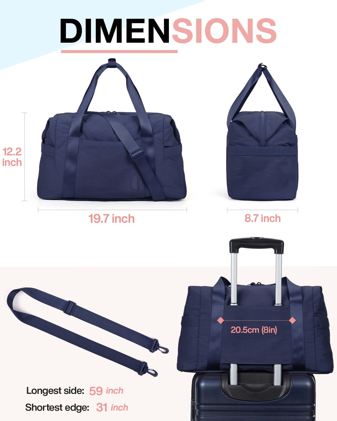 BAGSMART BAGSMART Gym Bag for Women, Carry on Weekender Overnight Bag, Travel Duffel Bags with Trolley Sleeve, Personal Item Travel Bag Tote Bag Workout Dance Bag, Dark Blue-34L