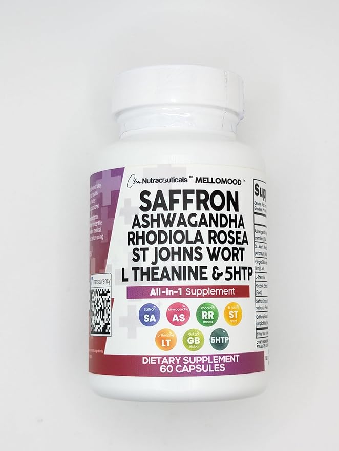 Clean Nutraceuticals Saffron Supplements with Ashwagandha - Mood Support with L-Theanine, Ginkgo Biloba, St. John's Wort, Rhodiola Rosea & 5-HTP - Saffron Pills