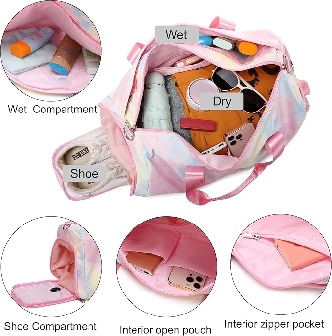 Sports Duffel for Girls Dance Teen Duffle Weekender Gym Travel Ballet Yoga Bags Cheer Bag with Shoe Compartments Pink