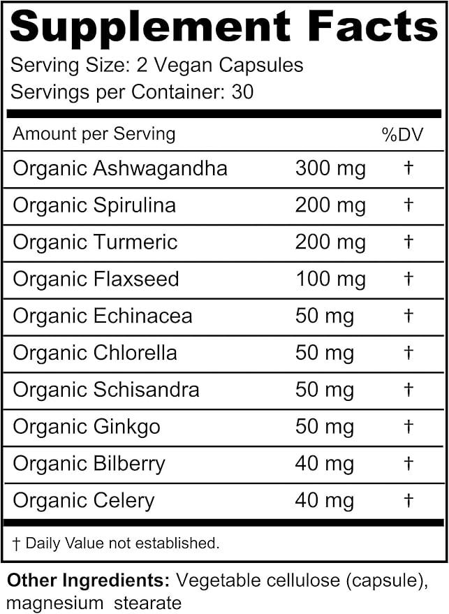 Ashwagandha Advantage, USDA Organic Blend for Stress Relief, Mood & Adrenal Support. Made with Ashwagandha, Turmeric, Spirulina, and More- 60 Capsules Pure Non-GMO Vegan Supplement