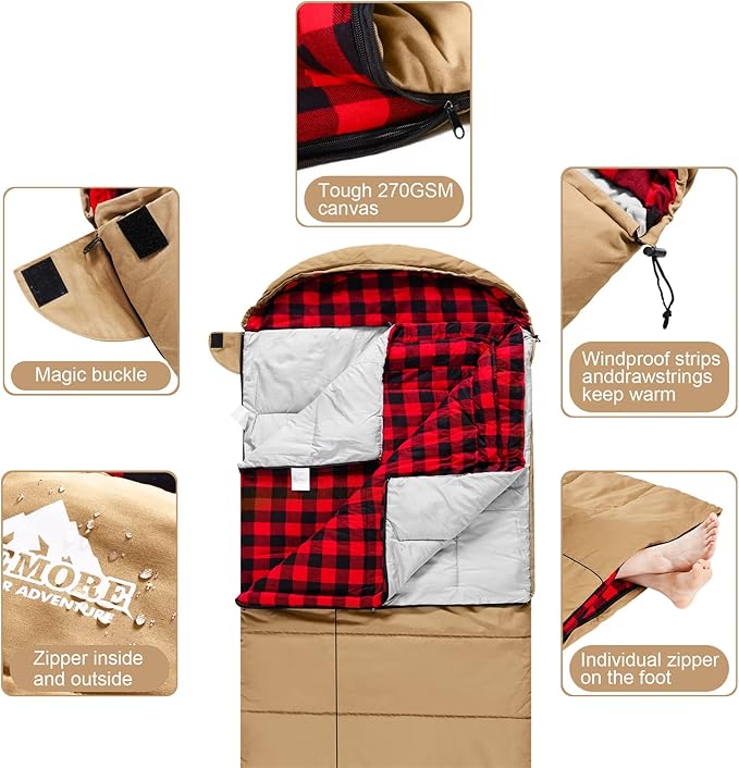 AGEMORE 0 Degree Canvas Sleeping Bag for Fishing, Hunting, Traveling and Camping Particularly in Cold Winter Outdoor with Removable Flannel Liner and Free Compression Sack for Big and Tall Adults