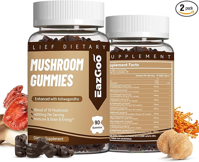 Mushroom Gummies Supplement - with Ashwagandha, Lions Mane, Shitake Mushrooms, Turkey Tail, Chaga, and Cordyceps Mushroom for Immune Health, Mood & Stress Support (180 Gummies)