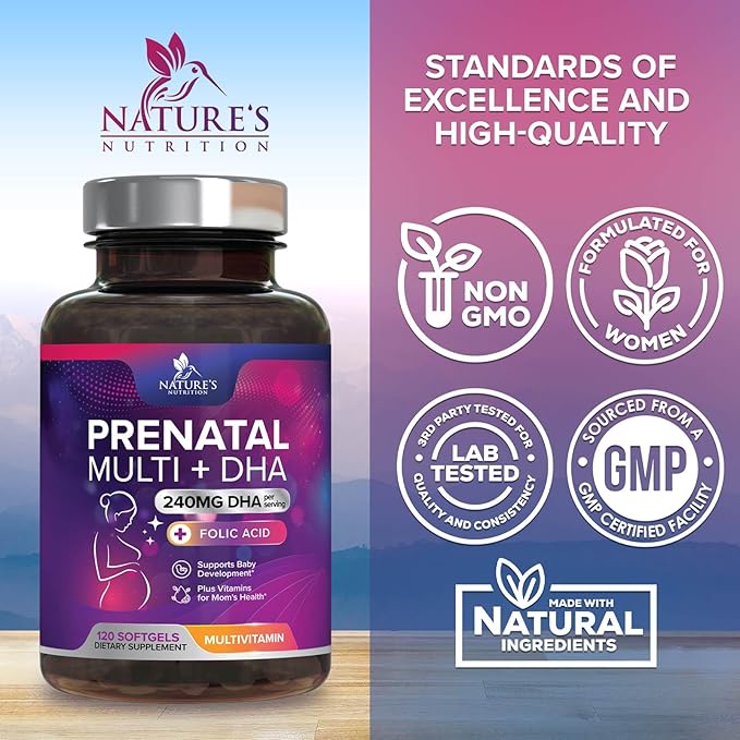 Prenatal Vitamins for Women with Folate & DHA, Prenatal Multivitamin Supports Brain Development with Folic Acid, Omega 3, Vitamin A, C, D, B6, B12 & Iron, Pregnancy Supplement, Non-GMO - 120 Softgels