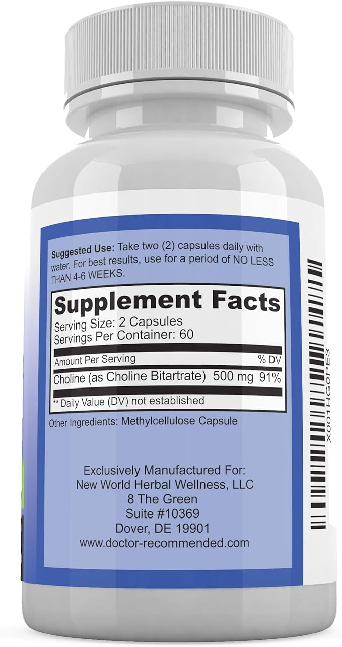 Premium Choline - 500 mg - 120 Veggie Capsules - Supports Cognitive Health, Memory & More - 2 Pack