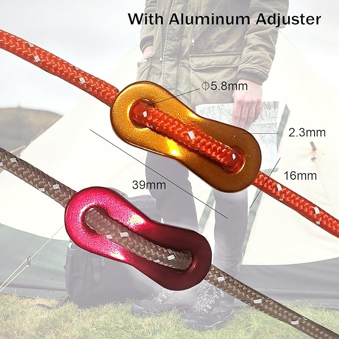 8 Pack High-Reflective Guy Lines 4mm Tent Cords High-Strength Lightweight Camp Ropes with Aluminum Adjuster Tensioner for Tent, Tying Down Tarps, Camping Tent, Outdoor Packaging (Khaki)