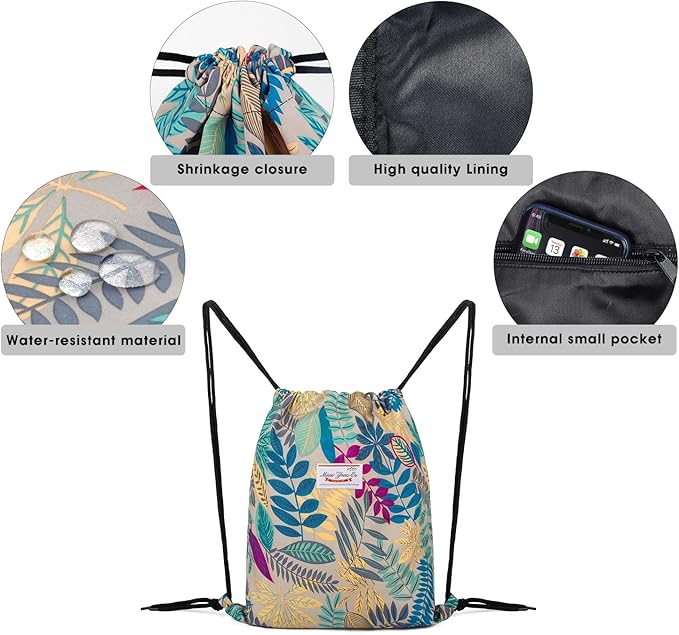 WANDF Drawstring Backpack String Bag Sackpack Cinch Water Resistant Nylon for Gym Shopping Sport Yoga (Grey Leaf)