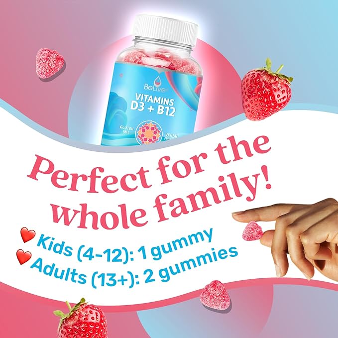BeLive Vitamin D3 Gummies with B12 Vitamins - Immune Support Gummies with Vegan Vitamin B12 & D3, Provides Enhanced Bone & Muscle Strength, Hearth Health and Energy - Strawberry Flavor | 3-Pack