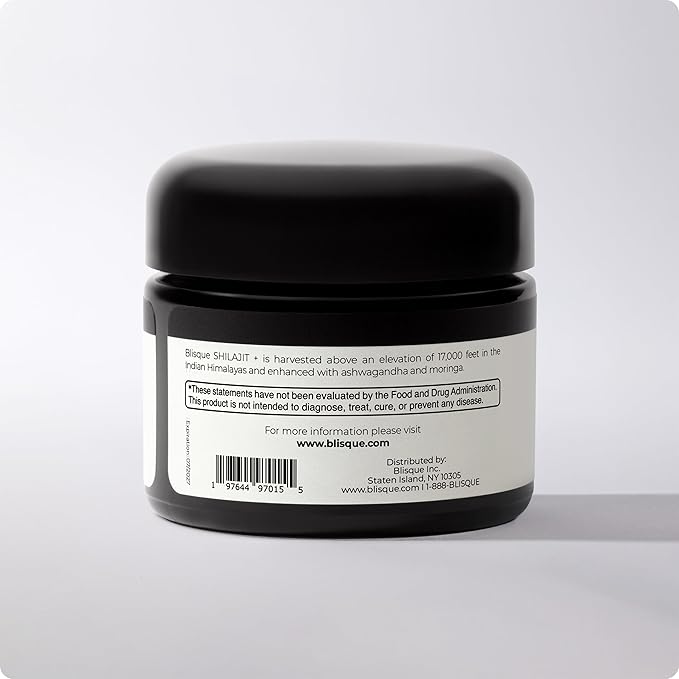 Blisque - Pure Himalayan Organic Shilajit Resin Supplement | with Organic Ashwagandha and Moringa | Authentic and Natural | Golden Grade A | Contains Fulvic Acid and Trace Minerals | 60 Grams